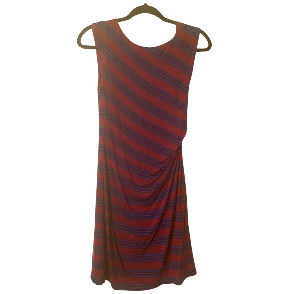 LOFT Wine Diagonal Striped Sleeveless Side Ruched Dress | Size Medium